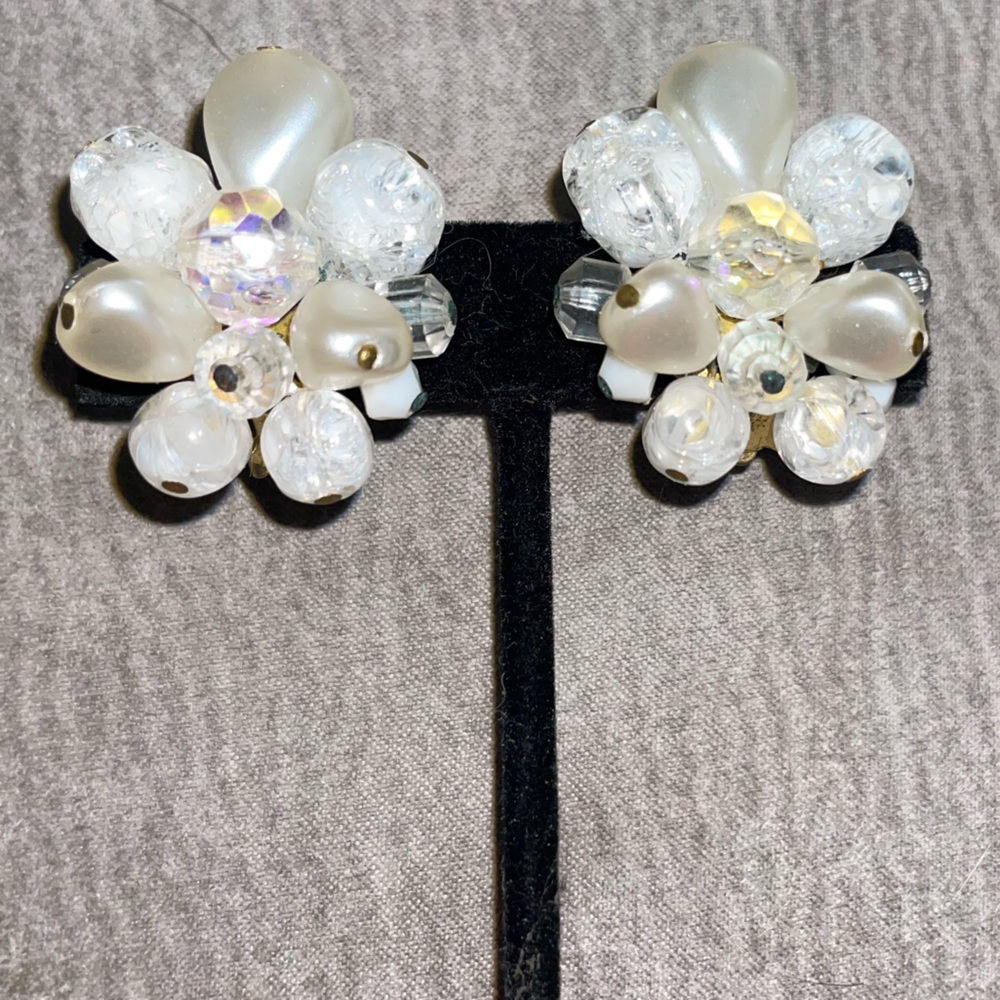 Vintage W. Germany Faux Pearl Crystal Bead Cluster Clip On Earrings